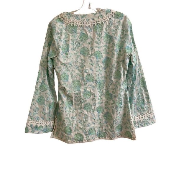 Lilly Pulitzer White Bell Sleeve Tunic Blue & Green Floral Seashell Embroidery S - Picture 2 of 7